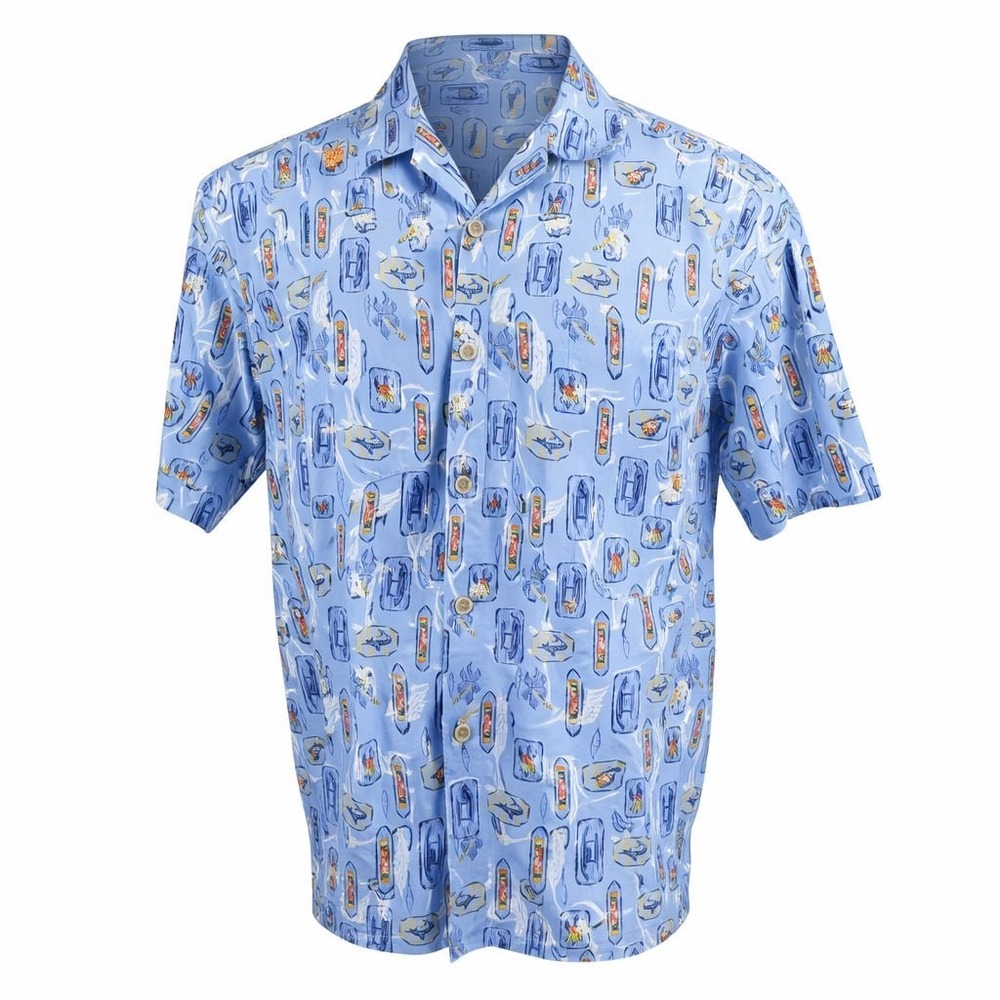 Ocean Pacific Hawaiian Aloha Shirt XL Tribal Floral‎ Tiki Steel Blue